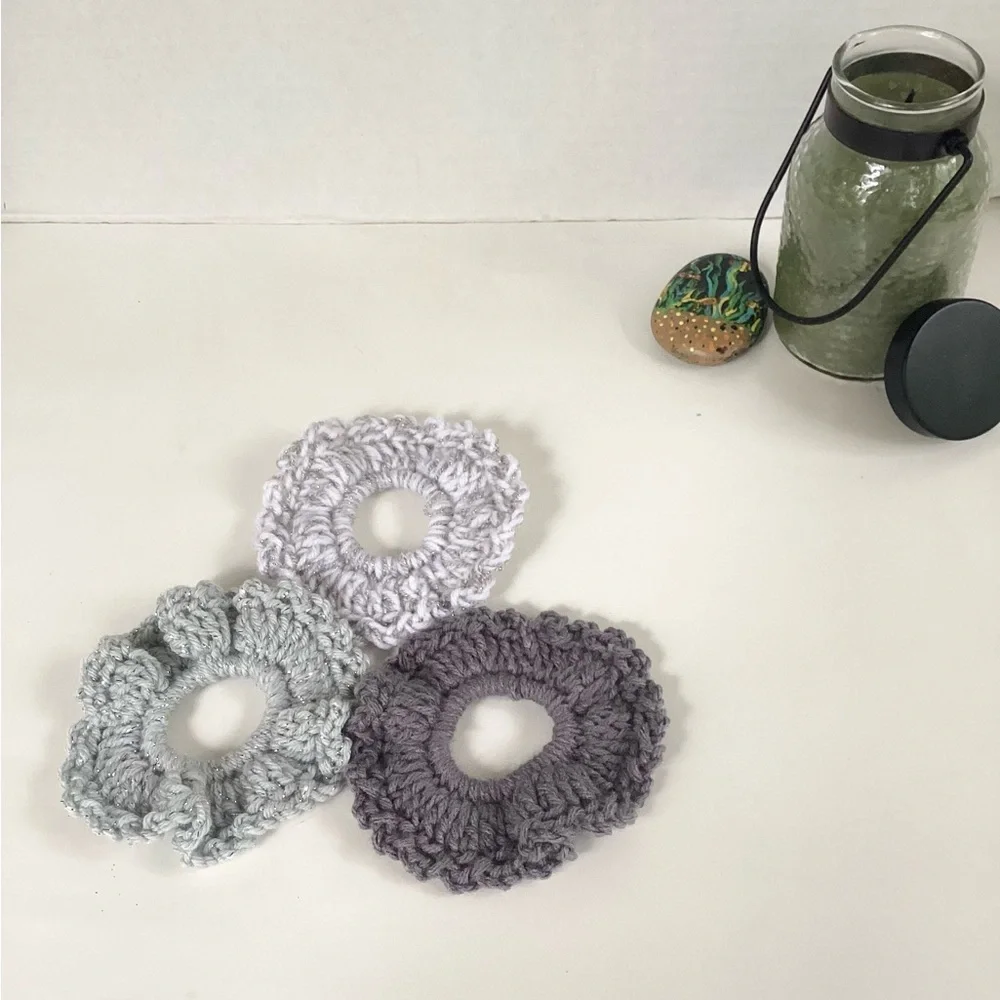 Hair Scrunchies Hand Crafted Gray Silver White Boho Crochet Messy Bun